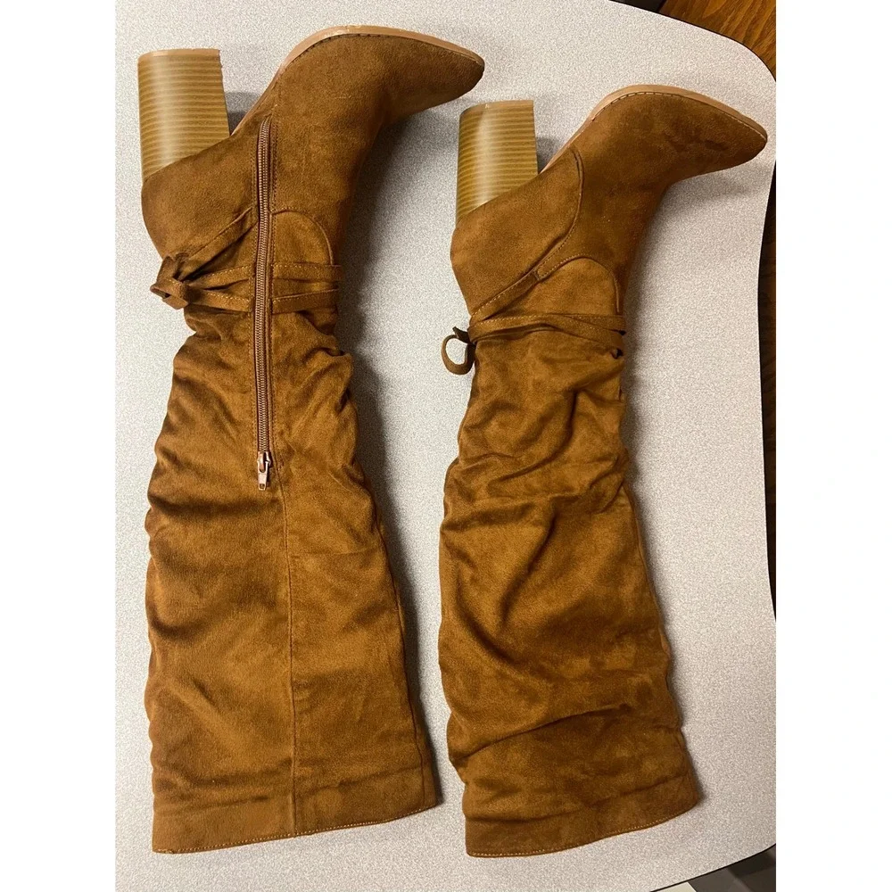 Loki Cognac Faux Suede Slouchy Over The Knee Pointed Toe Block Heel Boots Size 9
